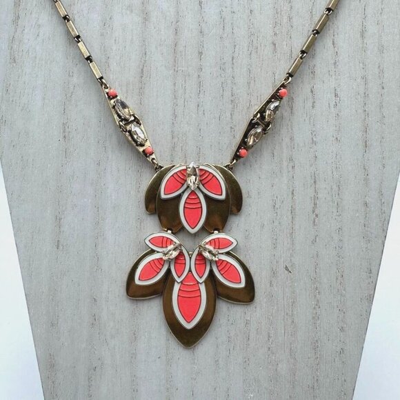 Stella & Dot Jewelry - Stella & Dot Necklace 30" Gold Tone Coral Orange White Enamel Trifoil Pendant